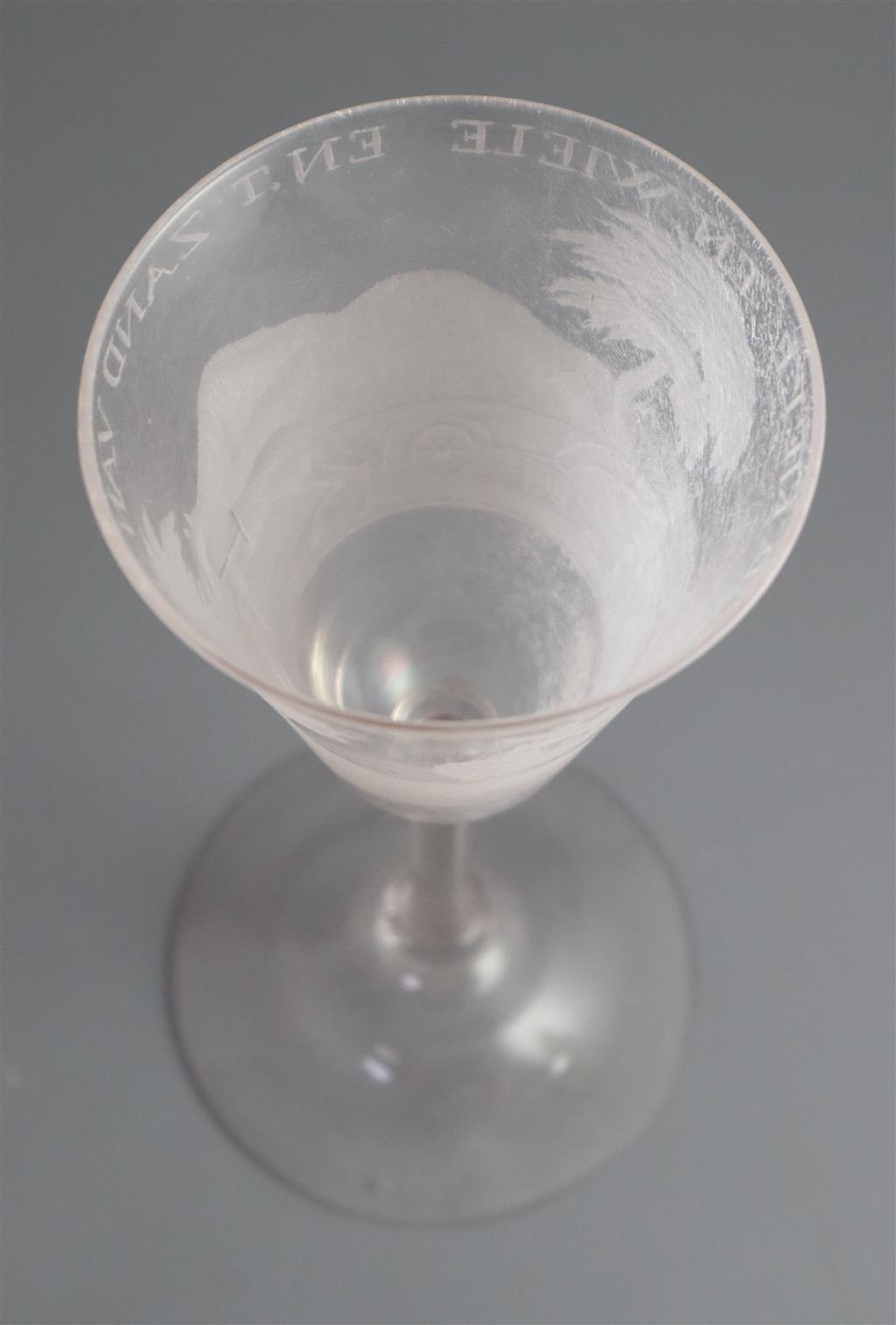 A Dutch wheel engraved wine glass, c.1750, 18cm high